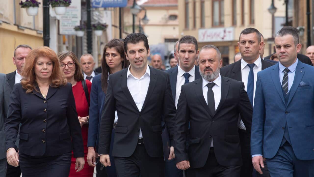 Bulgarian Prime Minister Kiril Petkov, arrives at the opening of the Ivan Mihailov Cultural Centre in the Macedonian city Bitola.