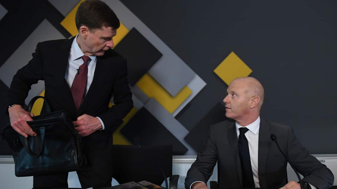 Commonwealth Bank of Australia CFO David Craig (left) and CEO Ian Narev (right) prepare to deliver the half year results during a media briefing in Sydney, Wednesday, Feb. 15, 2017. (AAP Image/Dean Lewins) NO ARCHIVING