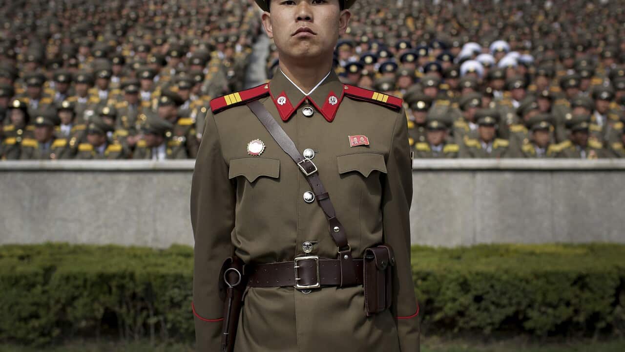 A soldier stands guard at the Kim Il Sung Square during a military parade on Saturday.