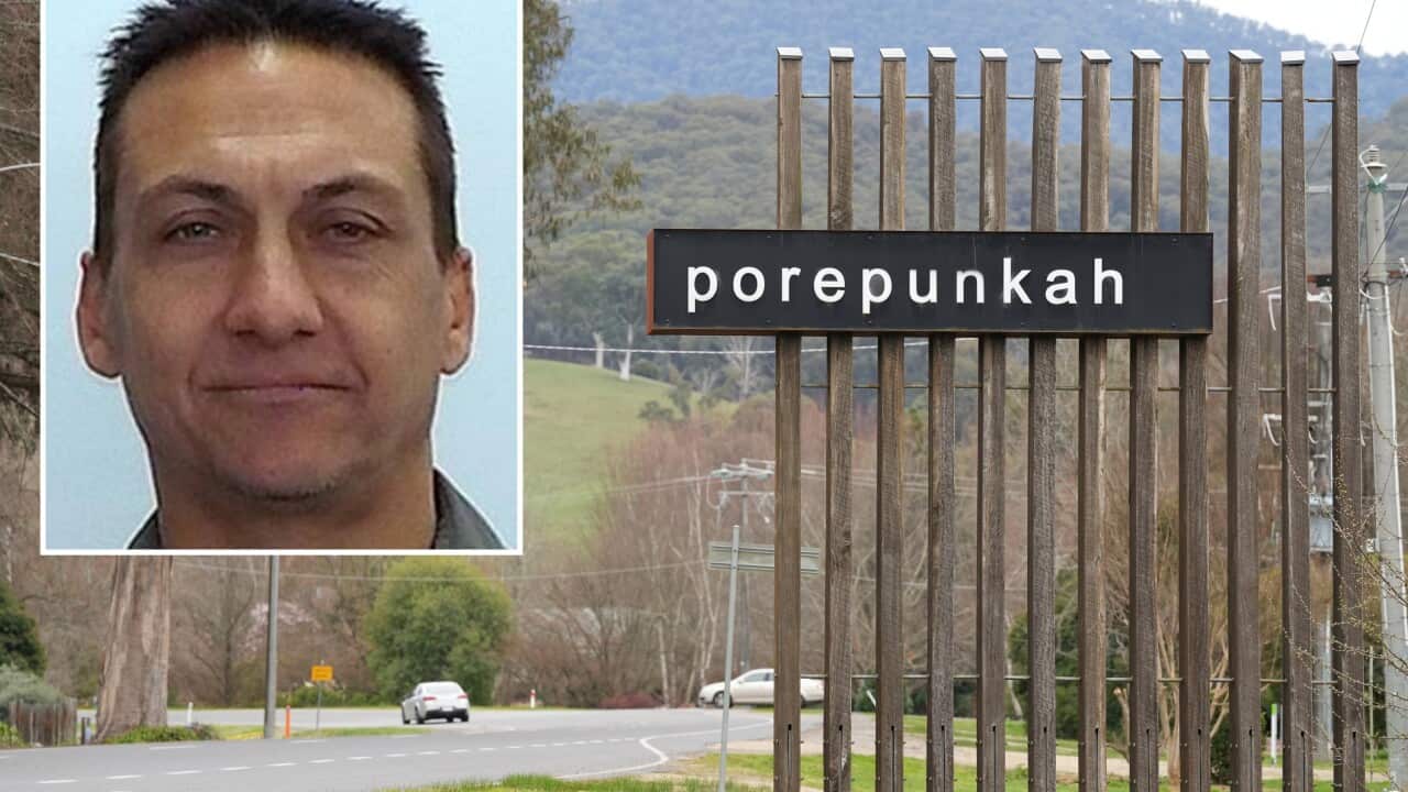 A composite image showing a mugshot of a man and also a sign saying “Porepunkah“