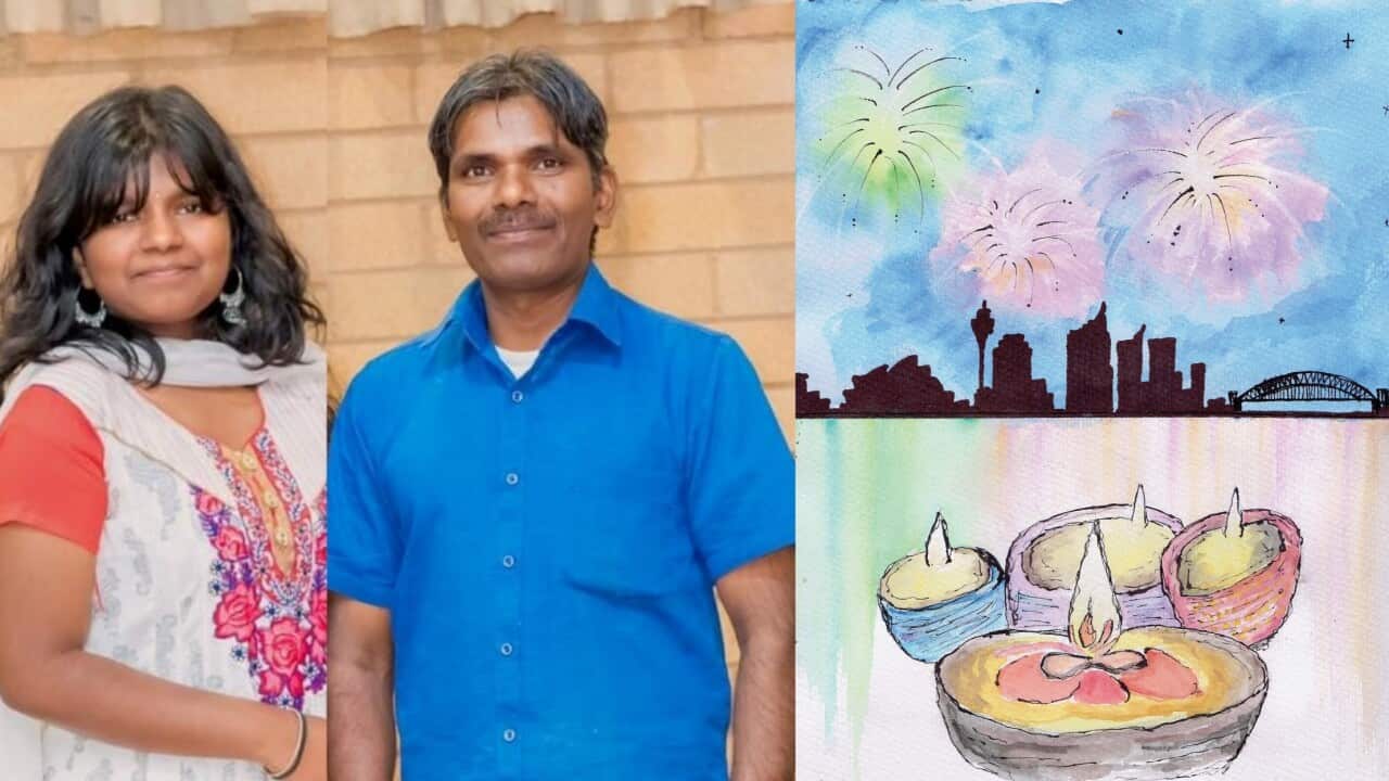 Lumiya with her father Gajendran and her drawing