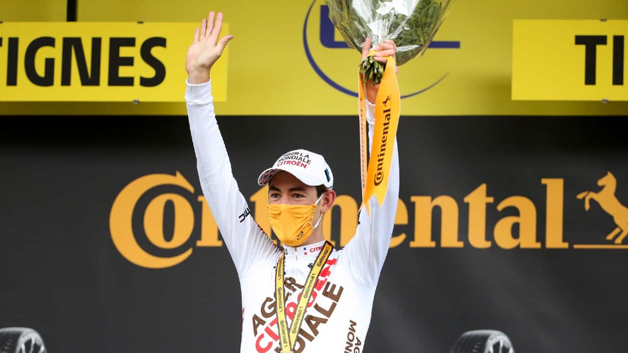 Ben O'Connor (AG2R-Citroen) celebrates after winning Stage 9 of the Tour de France