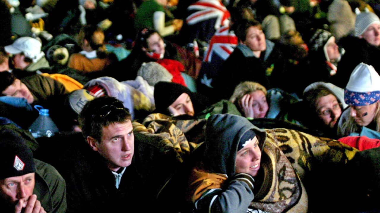 Australian people wait for dawn service in Gallipoli, Turkey