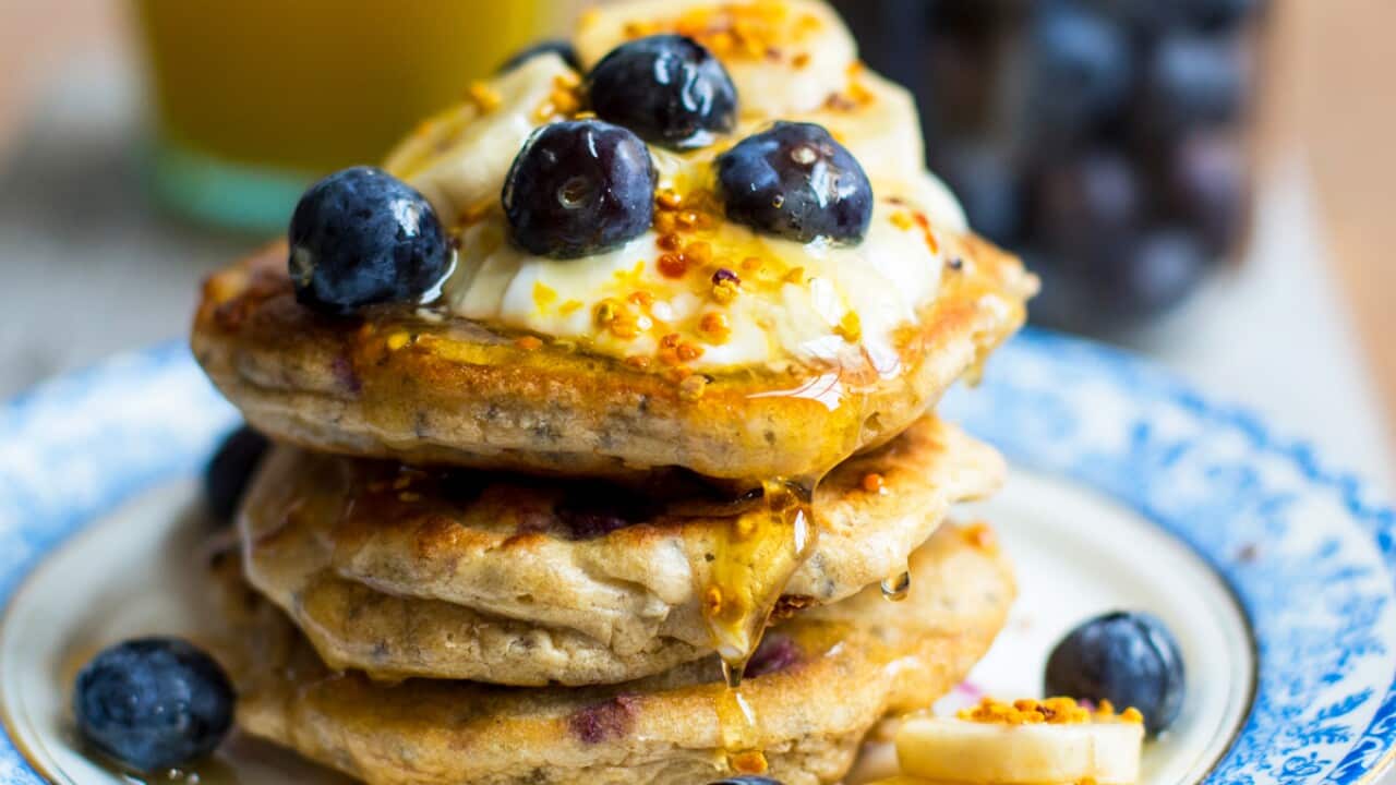 Gluten-free pancakes with blueberry, banana and honey