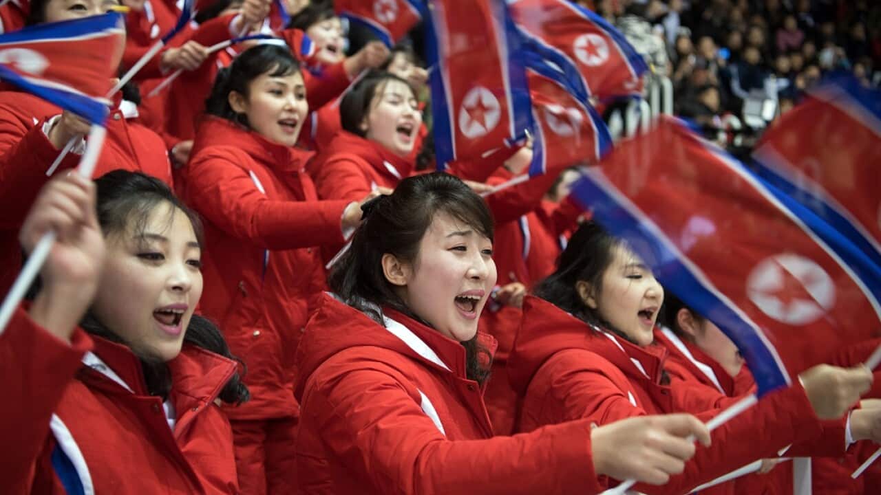 North Korean cheerleaders perform at the Winter Olympics.