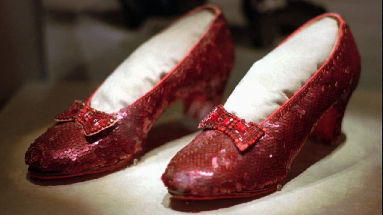 One of four pairs of ruby red slippers in existence shown at the 'America's Smithsonian' travelling exhibition in Kansas City in 1996