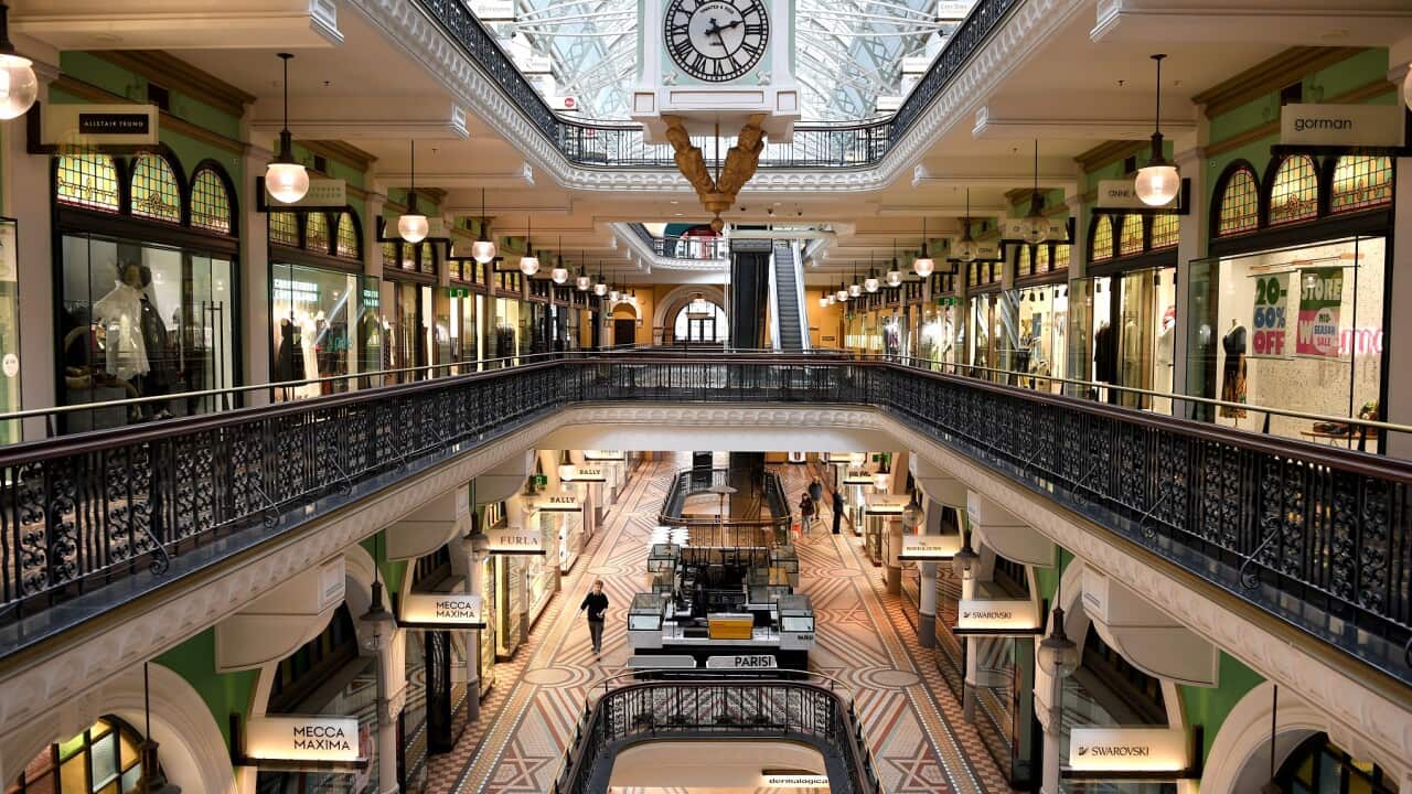 Closed businesses are seen at the Queen Victoria Building in Sydney, Wednesday, May 13, 2020. (AAP Image/Dan Himbrechts) NO ARCHIVING