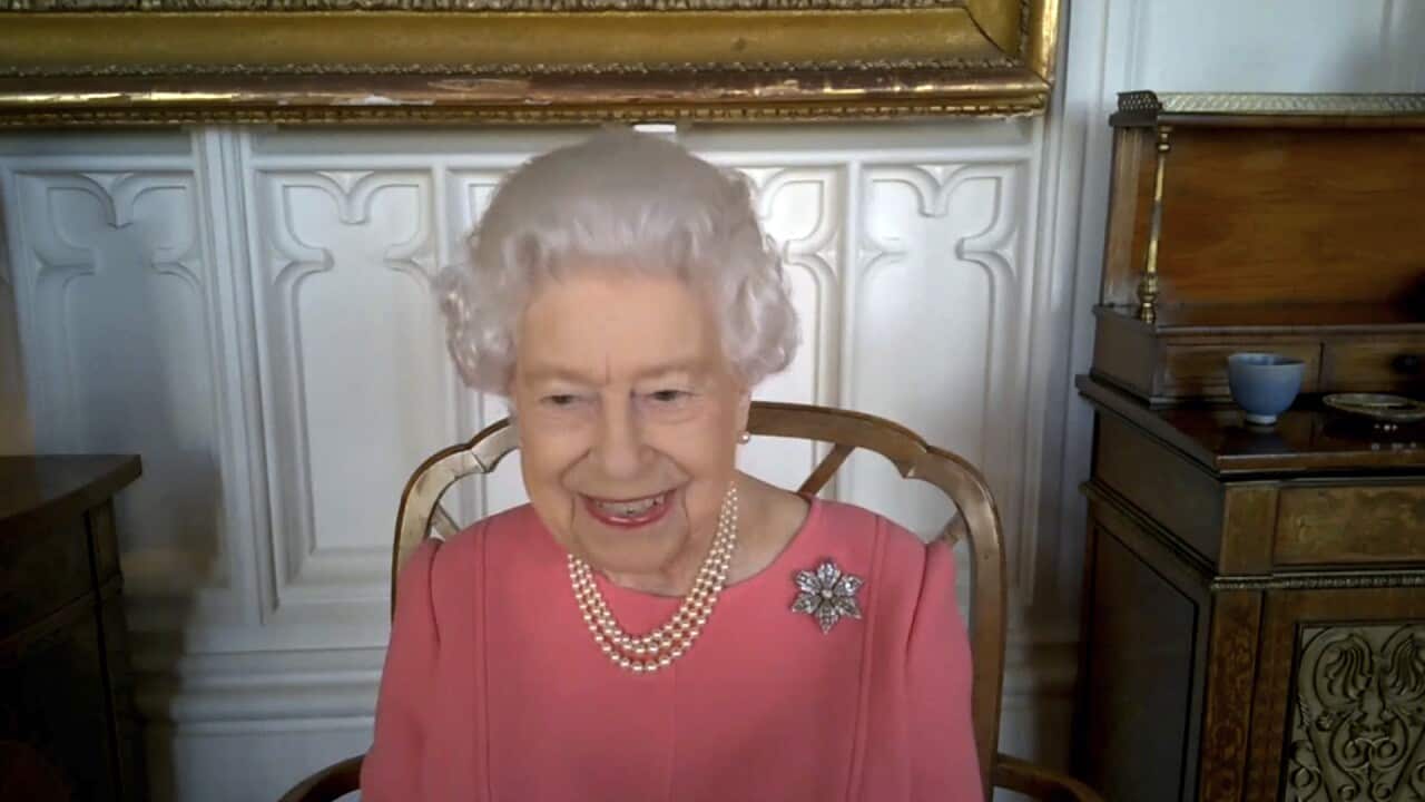 Queen Elizabeth on a video call with health officials leading the deployment of the COVID-19 vaccination
