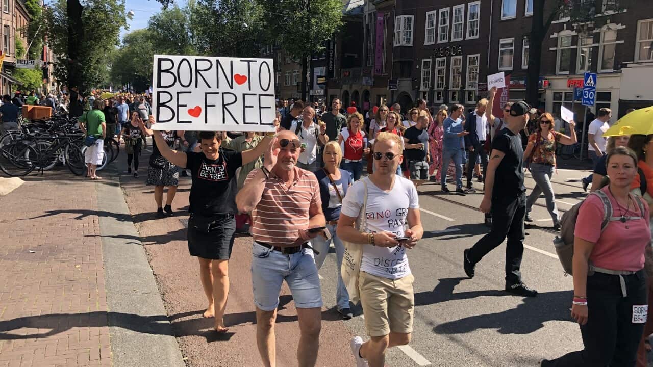 Anti-vaccine protesters in Amsterdam, Netherlands