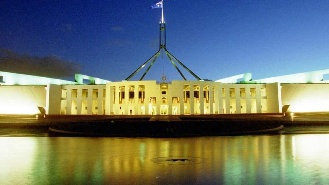 The front of Parliament House in Canberra at dusk.