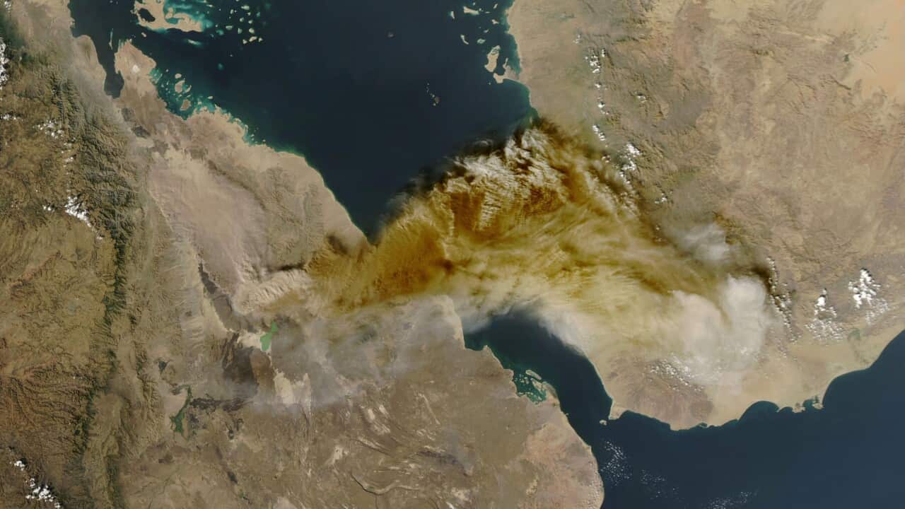 A satellite image of volcanic ash after an eruption in Ethiopia.