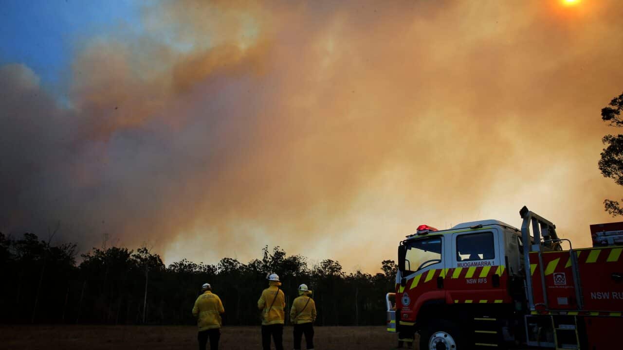 Firefighters observe the movements of a fire at a property at Old Bar, New South Wales.