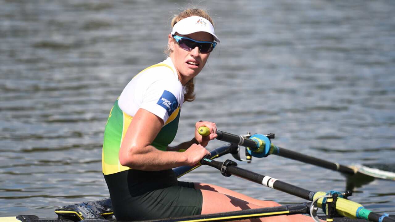 Australia's Kim Crow reacts to finishing second