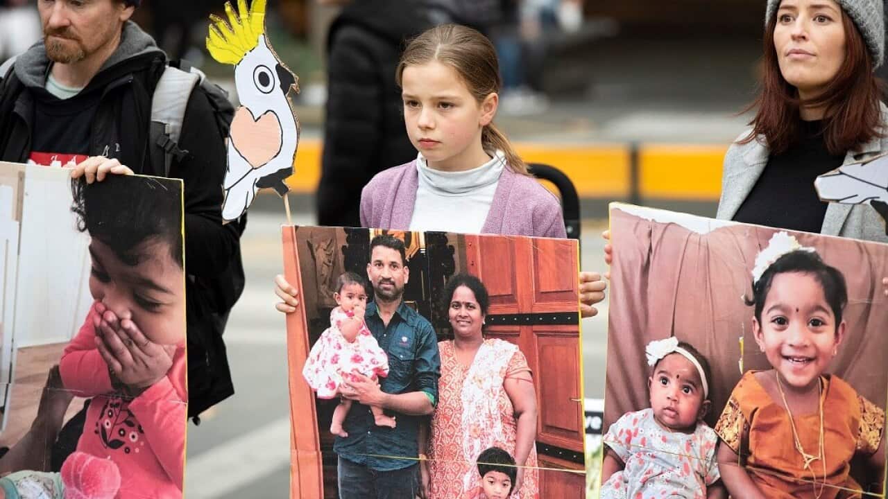 Supporters of Priya, Nades and their children rally earlier this year against the planned deportation back to Sri Lanka.