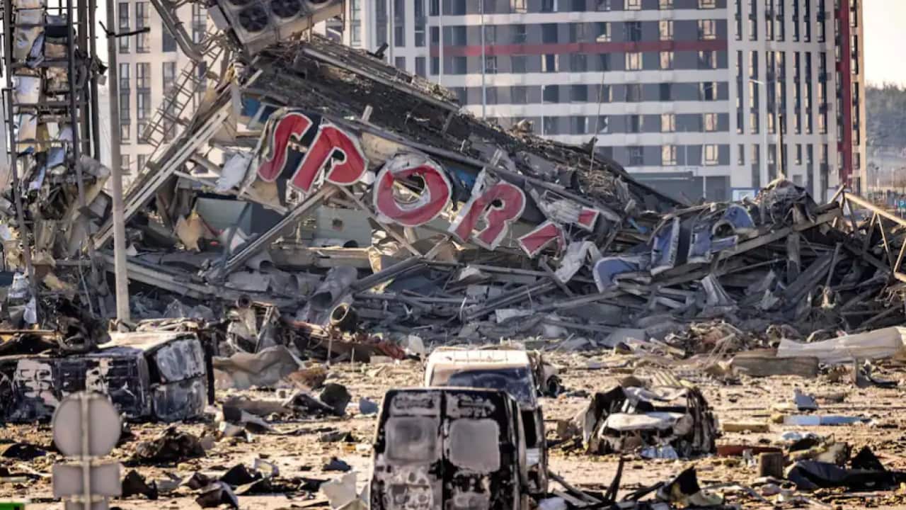 A view of the damage at the Retroville shopping mall, a day after it was shelled by Russian forces in a residential district in the northwest of the Ukranian capital Kyiv on 21 March, 2022.