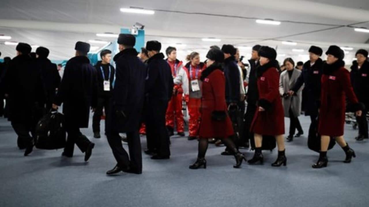 North Korean athletes arrive at the the Olympic Village in Gangneung