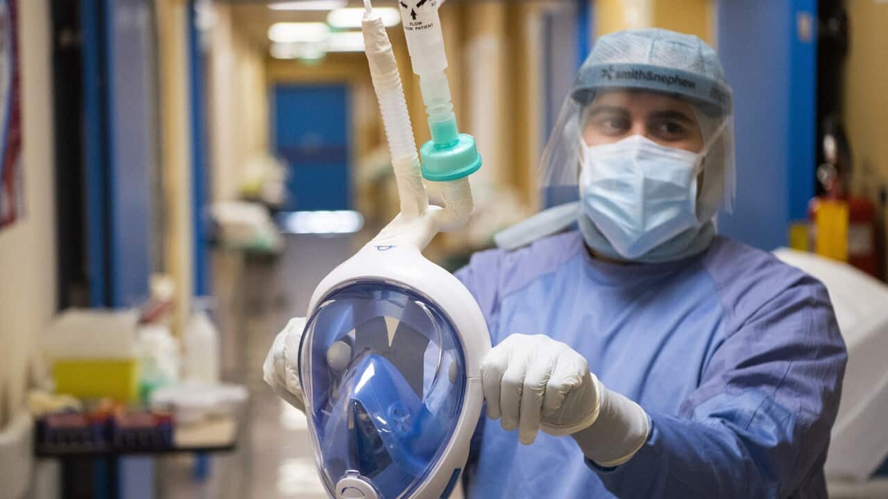 Il Maria Pia Hospital è, la prima struttura in Piemonte ad usare le maschere da snorkeling full face Easybreath di Decathlon per i pazienti Covid .Nella foto: Il reparto di terapia sub-intensiva, dove su alcuni pazienti viene utilizzata la maschera -