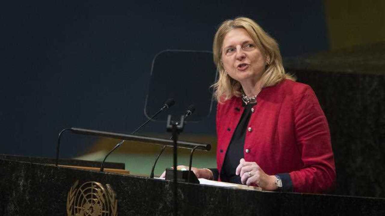 Austrian Foreign Minister Karin Kneissl addresses the 73rd session of the United Nations General Assembly,Saturday, Sept. 29, 2018 at U.N. headquarters.