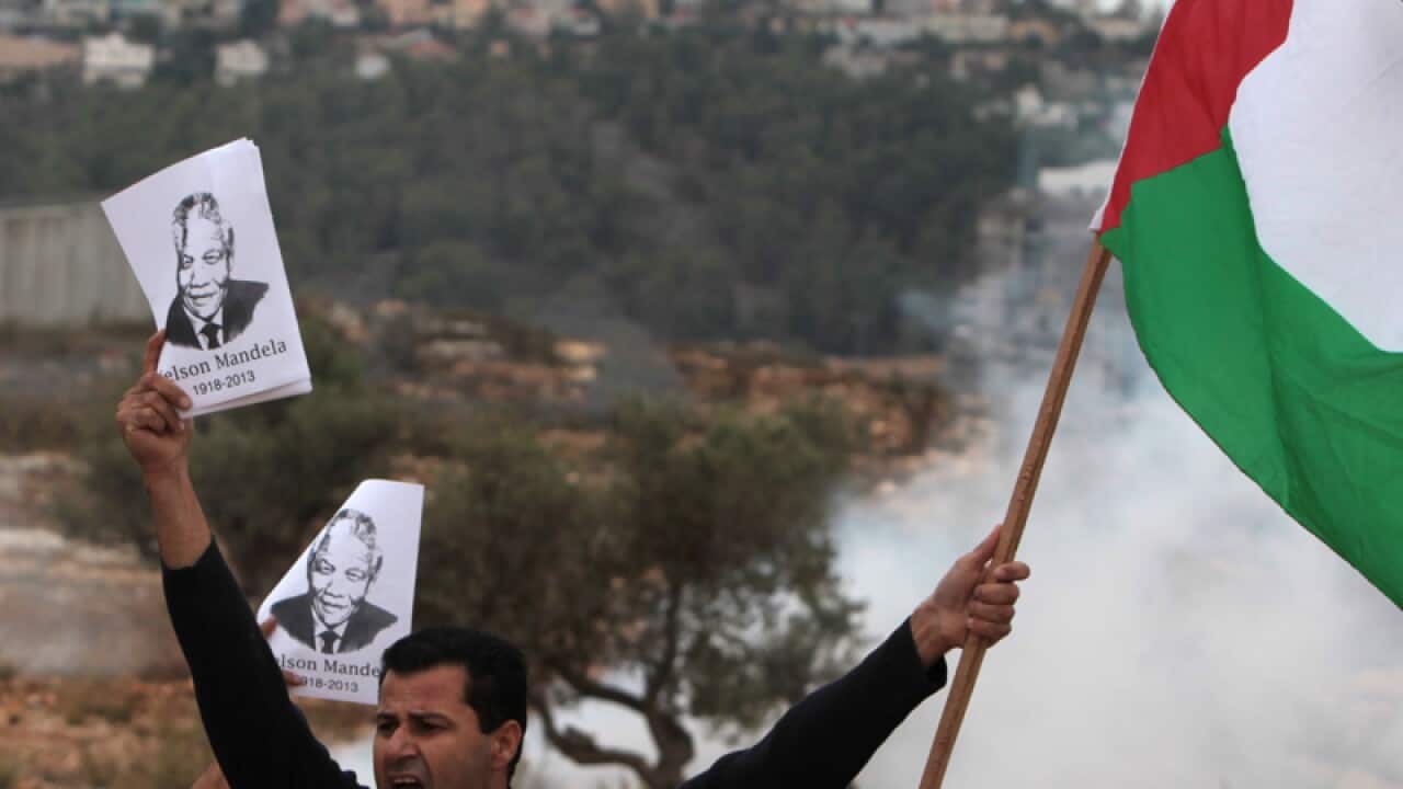A Palestinian protester holding a flag and a photo of Nelson Mandela