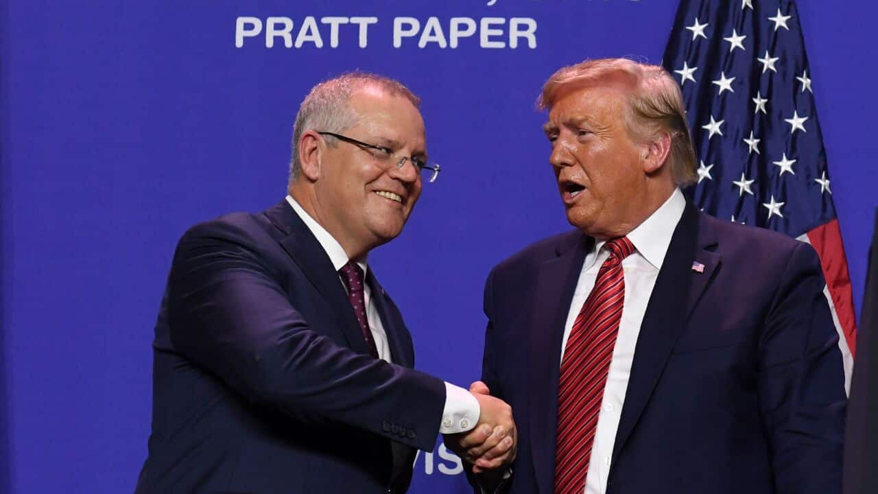 Prime Minister Scott Morrison and US President Donald Trump shake hands during a visit to Pratt Industries' plant opening in Wapakoneta, Ohio.