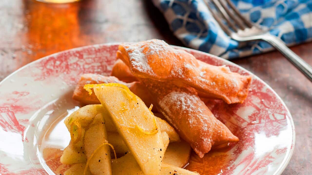 Apple and orange-blossom salad with crisp grappa pastries