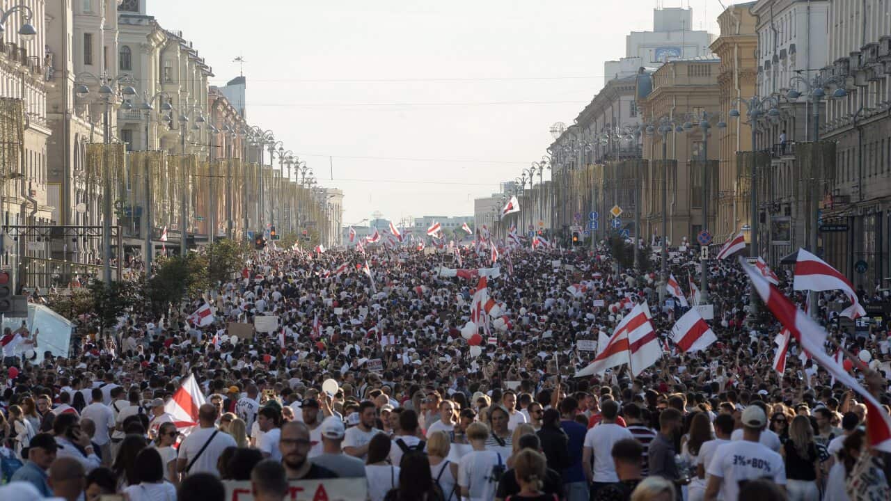 Belarusians attend a rally in support of the Belarusian opposition and the results of the Belarusian presidential election in Minsk, Belarus, 16 August 2020.