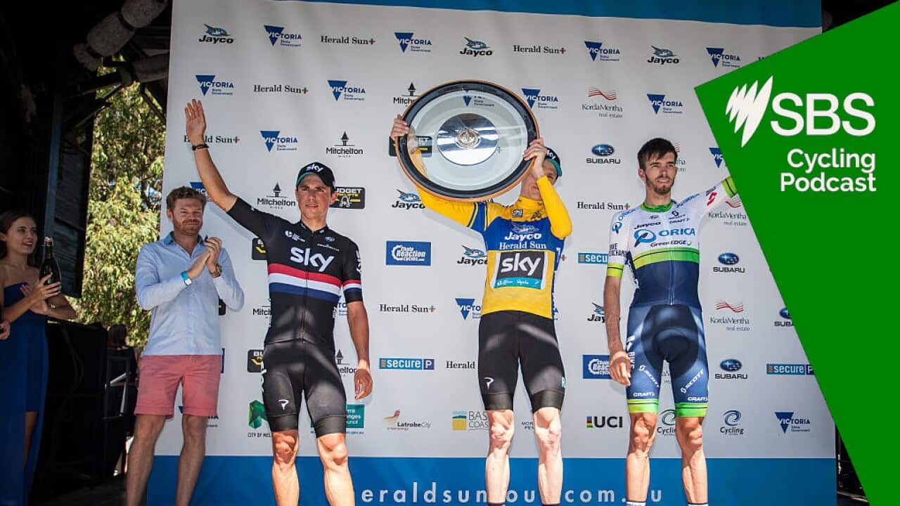 MELBOURNE, AUSTRALIA - FEBRUARY 07: The podium placings of Chris Froome, Peter Kennaugh and Damien Howson pictured after Stage 4 on the final day of the Jayco Herald Sun Tour 2016 on February 07, 2016 in Melbourne, Australia. PHOTOGRAPH BY Chris Putnam / Future Publishing (Photo credit should read Chris Putnam/Future Publishing via Getty Images)