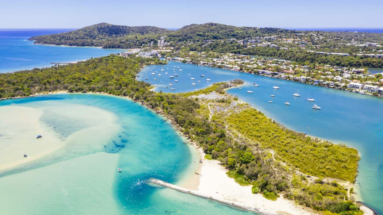 An aerial view of Noosa River and the ocean at Noosa Heads