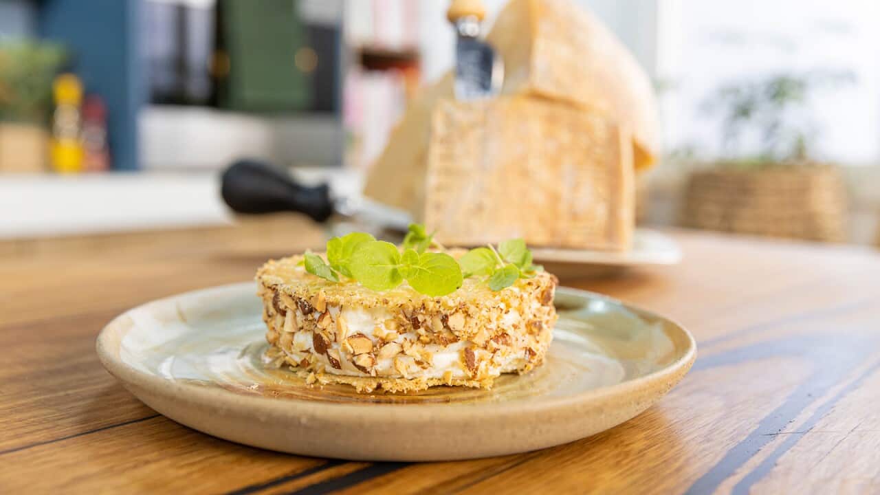 A round 'sandwich', with a creamy filling between two thin cheese crisps, with chopped almonds coating the edge, sits on a wide plate on a wooden table. A large chunk of Parmigiano can be seen in the background.