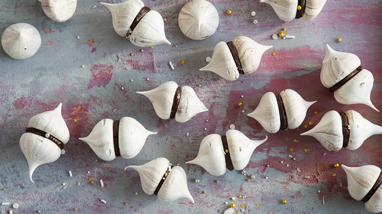 Chocolate swirl meringue kisses with caramel ganache