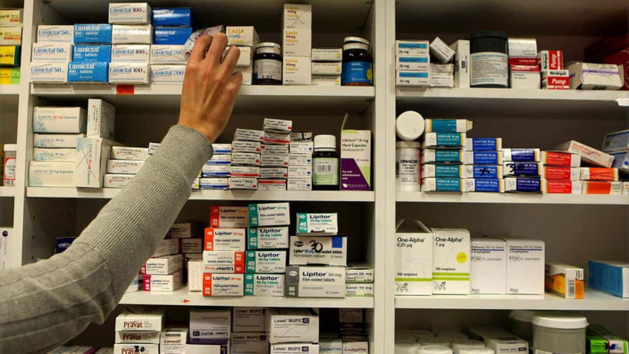 Stock image of medicines at a pharmacy.