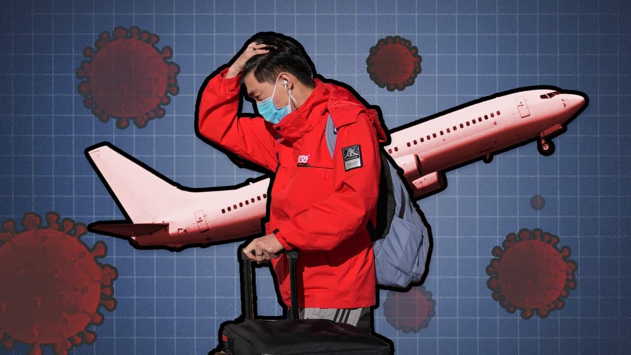 A composite image of a man holding a suitcase with a plane in the background