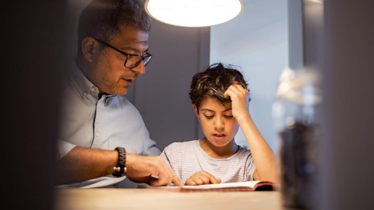 Father and son reading book