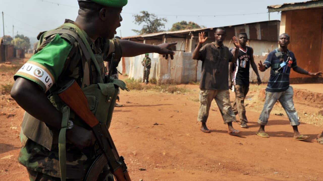 A soldier from the international support mission on patrol