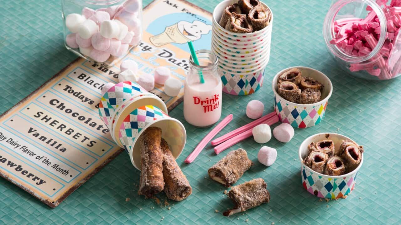 Jam, marshmallow and chocolate French toast rolls