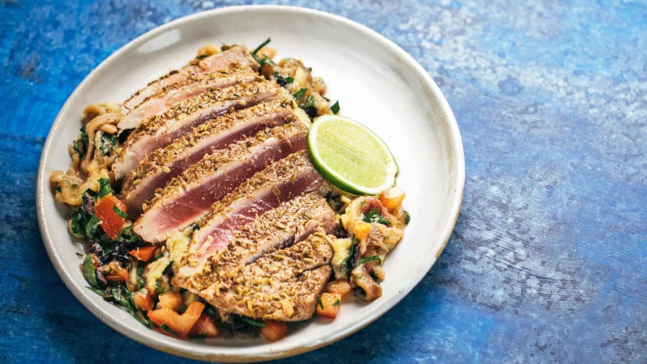 Mutabal with lime, sumac and fennel tuna