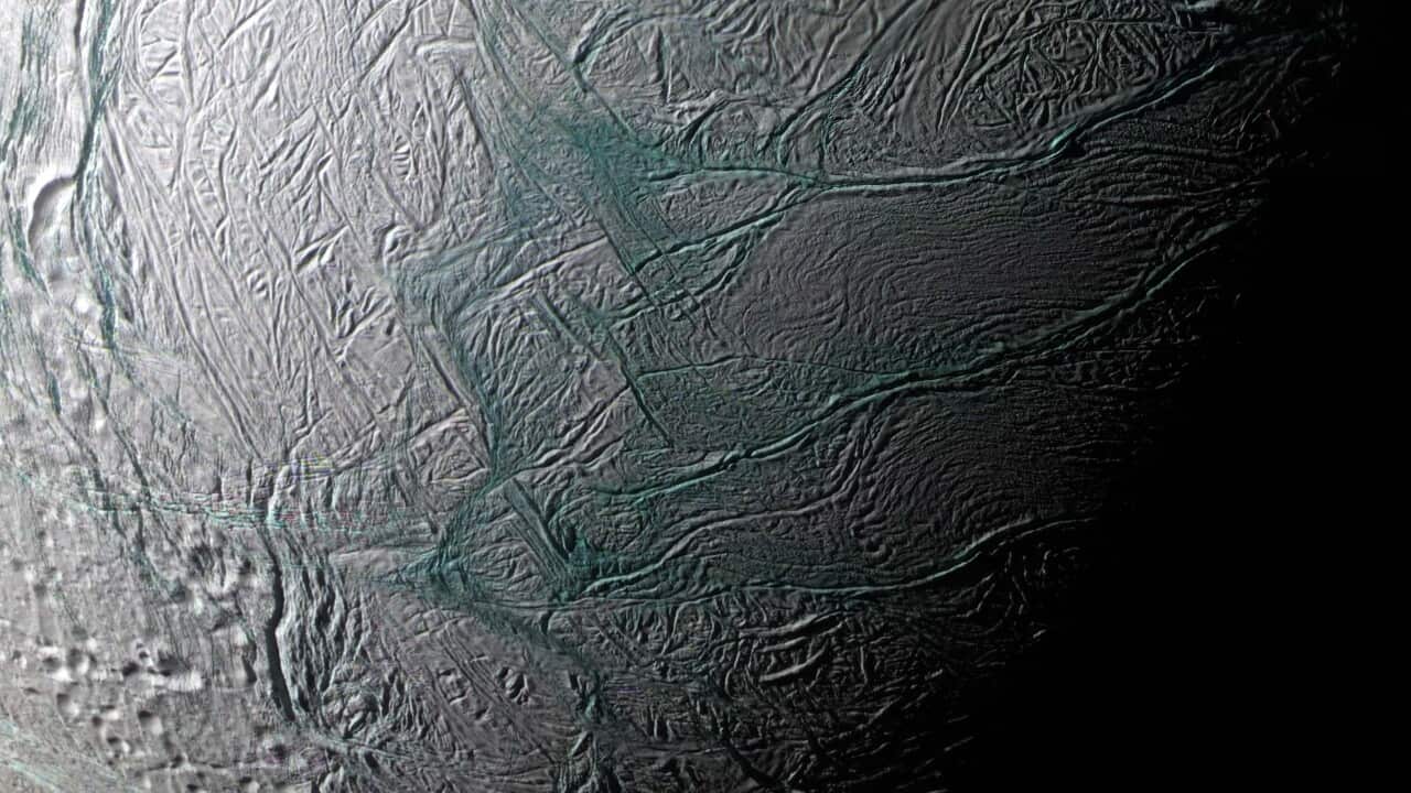 This image provided by NASA of Saturn's moon Enceladus was made by the Casini spacecraft during a fly-by in 2008.