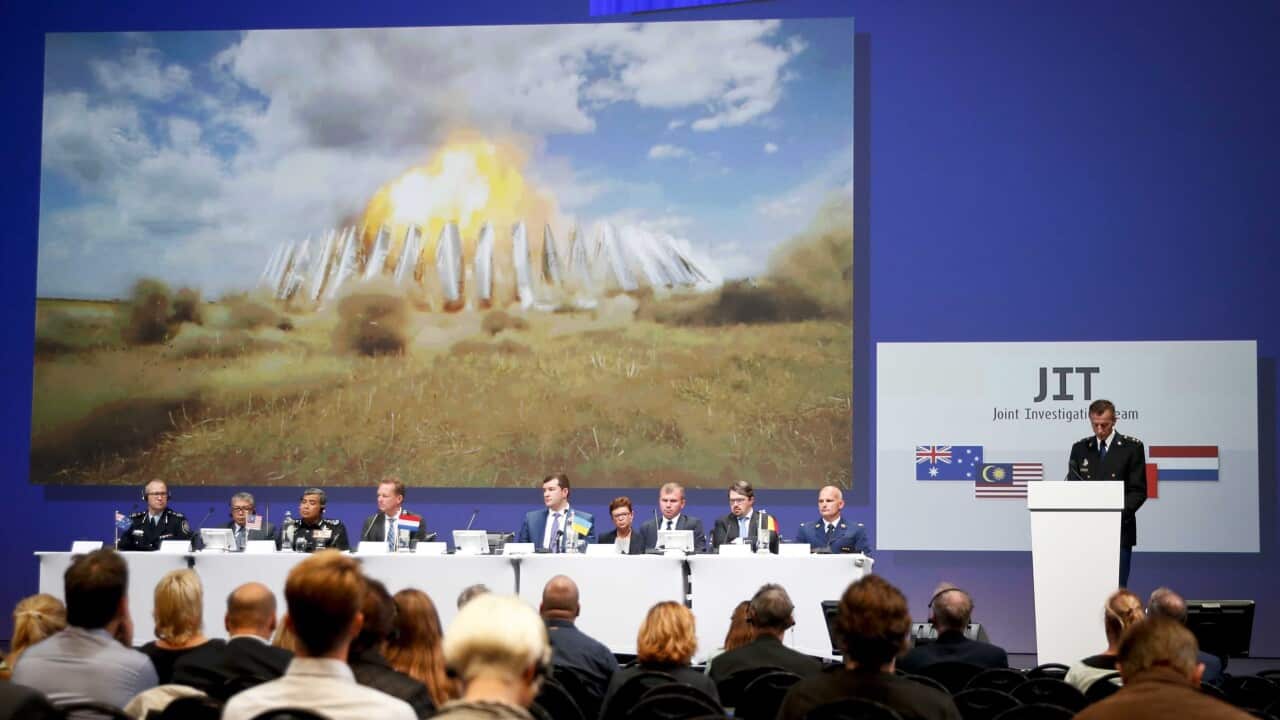 Members of the Joint Investigation Team present their findings in the MH17 report at the NBC Congress centre in Nieuwegein, The Netherlands, 28 September 2016