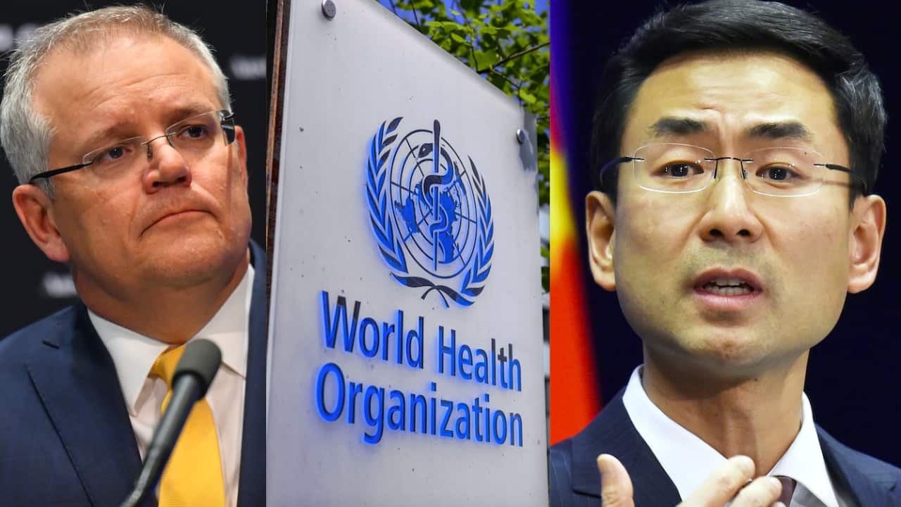 Prime Minister Scott Morrison, a World Health Organization office and China's Foreign Ministry spokesperson Geng Shuang.