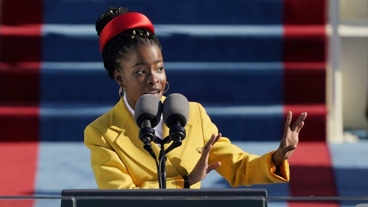 American poet Amanda Gorman recites a poem during the Inauguration of US President Joe Biden