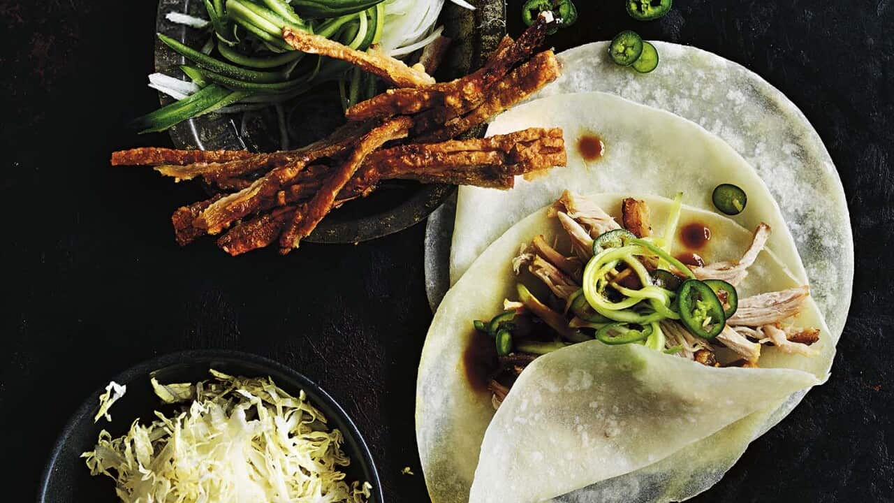 Asian-style pork belly pancakes
