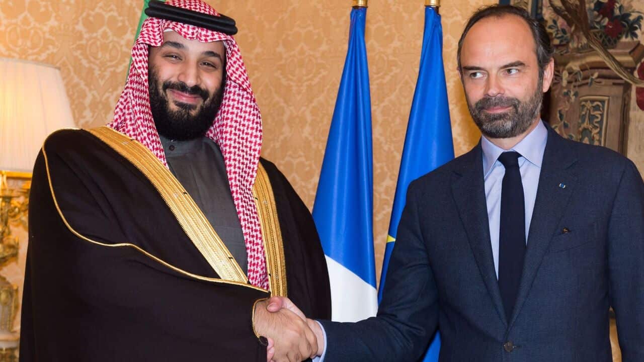 French Prime Minister Edouard Philippe welcomes the crown prince of Saudi Arabia Prince Mohammed bin Salman upon his arrival at the Hotel de Matignon in Paris, France on april 9, 2018. Photo by Jacques Witt/Pool/ABACAPRESS.COM.