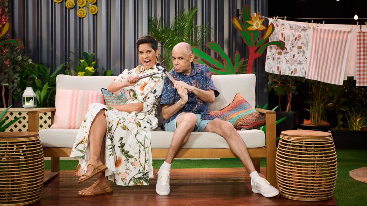 Big Backyard Quiz hosts - 10 News First's Narelda Jacobs and comedian Steven Oliver on set in Perth. Photography by Rebecca Mansell. NITV and Screenwest