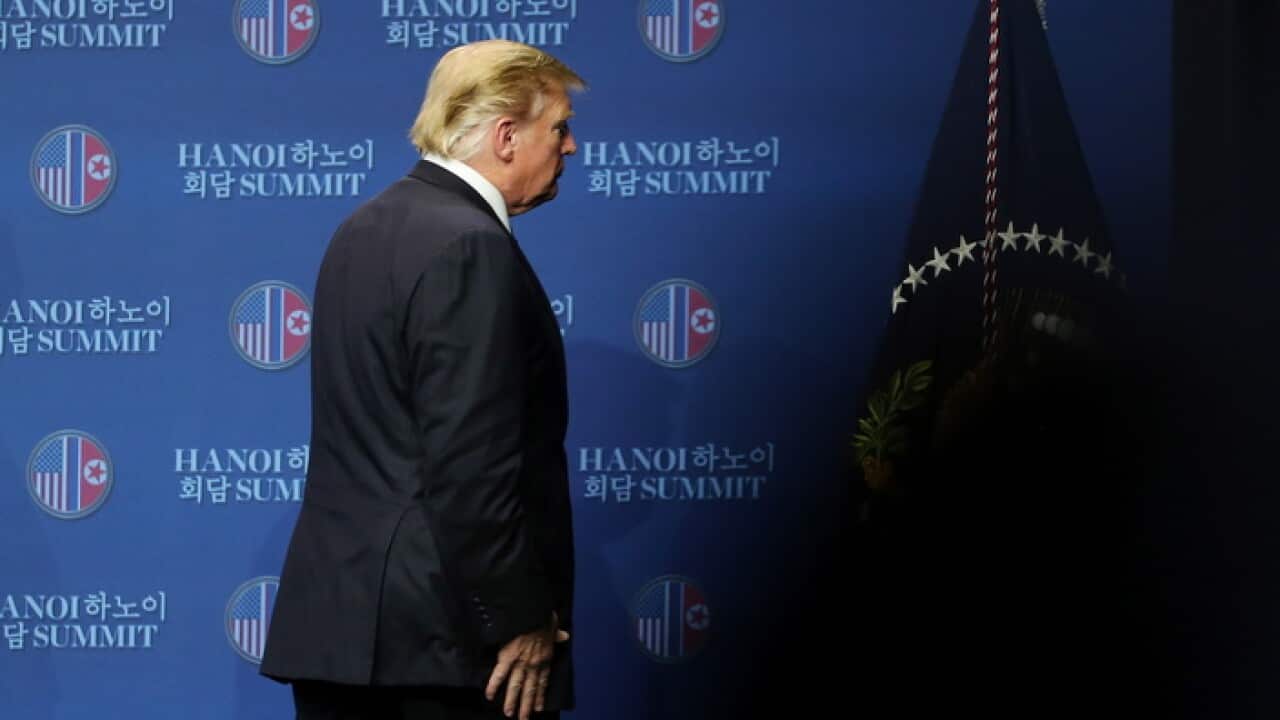 US President Donald J Trump leaves following a meeting with the North Korean leader in Hanoi, Vietnam