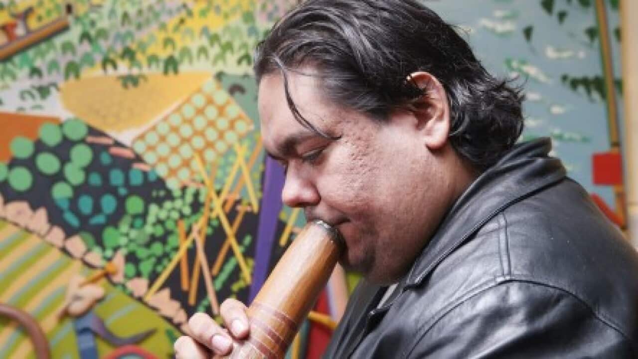 Indigenous musician William Barton attends a media preview in Melbourne for the National Indigenous Music awards for 2013, Thursday, May 16, 2013.