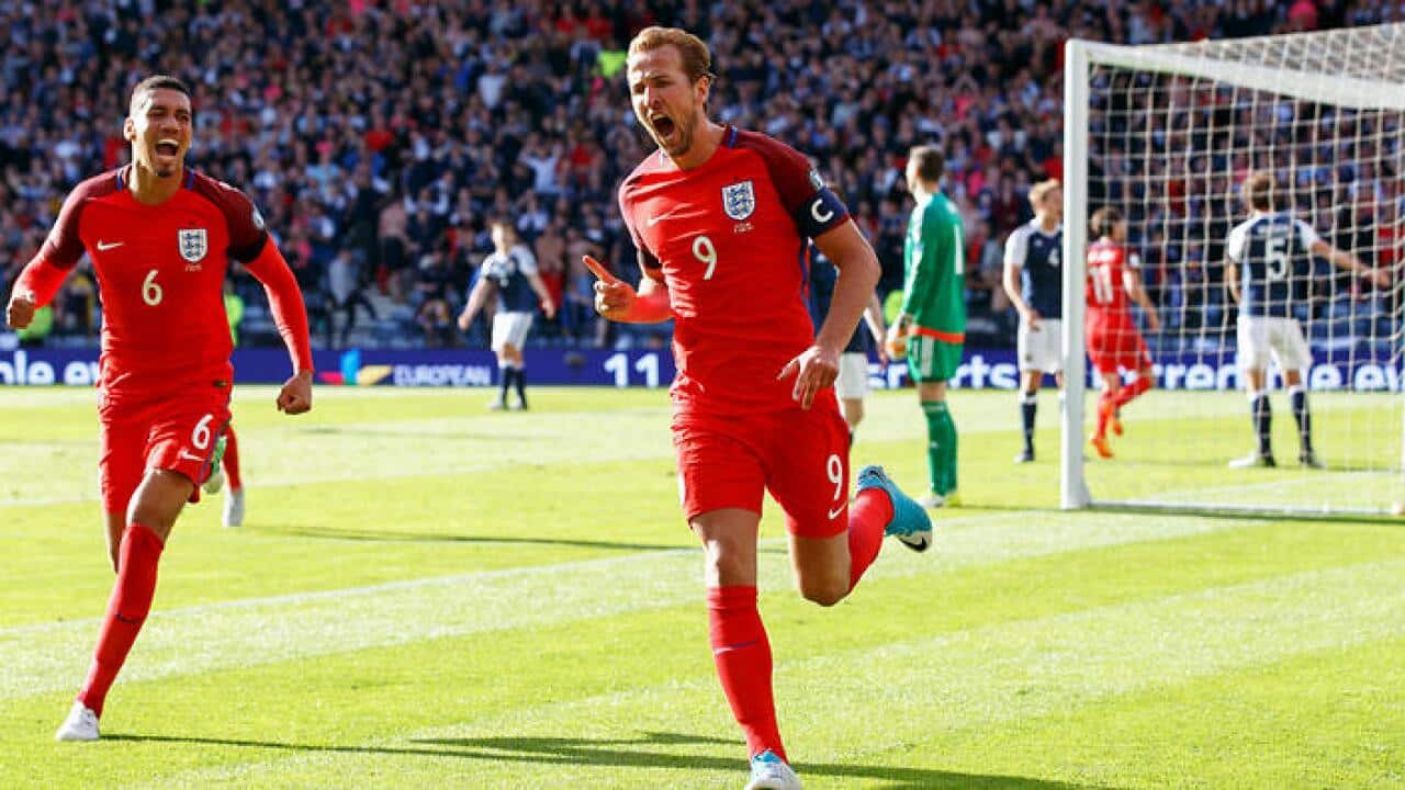 Harry Kane celebrates his equaliser.
