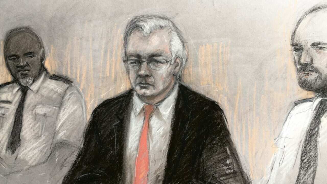 Court artist sketch by Elizabeth Cook of Julian Assange appearing at the Old Bailey, London.