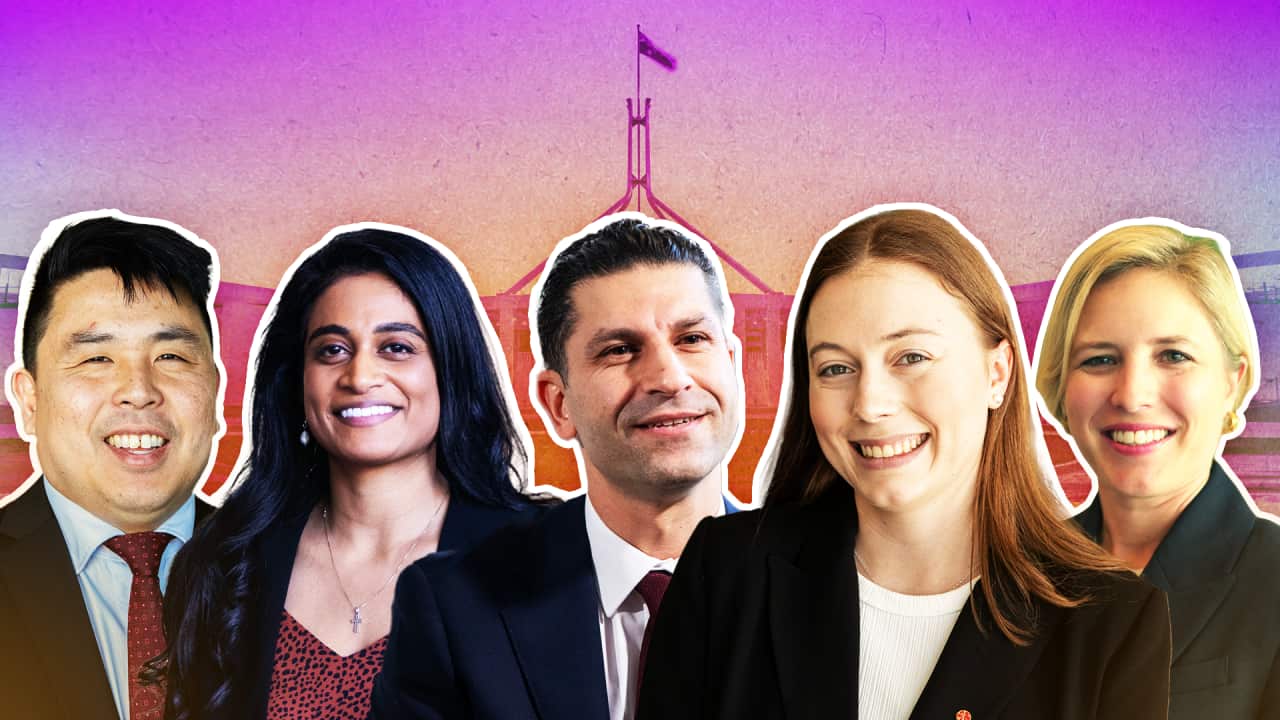 Five headshots/faces of new politicians against the backdrop of parliament with a purple wash over it.
