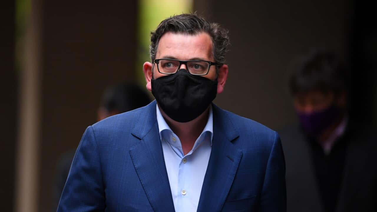 Victorian Premier Daniel Andrews arrives to a press conference in Melbourne, Tuesday, September 22, 2020. Victoria has recorded 28 new cases of coronavirus and three deaths in the past 24 hours. (AAP Image/James Ross) NO ARCHIVING