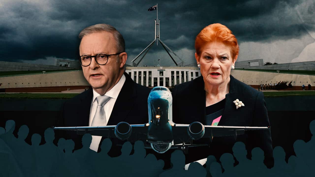 Political graphic featuring Parliament House under storm clouds, Anthony Albanese and Pauline Hanson in the foreground, and a passenger jet above a crowd silhouette.